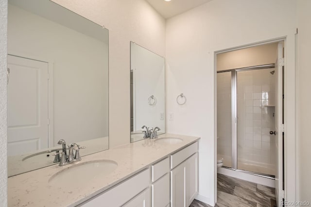 bathroom featuring vanity, toilet, and a shower with door