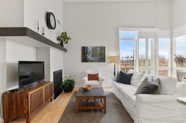 living room with light wood-type flooring and a towering ceiling