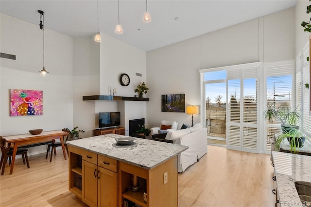 1438 Little Raven St Unit 407, Denver, CO 80202 - kitchen featuring open shelves, light wood-type flooring, hanging light fixtures, light stone countertops, and a towering ceiling