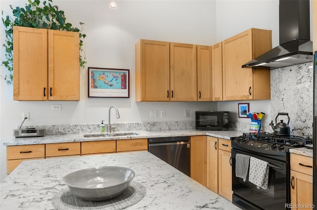 1438 Little Raven St Unit 407, Denver, CO 80202 - kitchen featuring wall chimney range hood, black appliances, a sink, and light stone counters