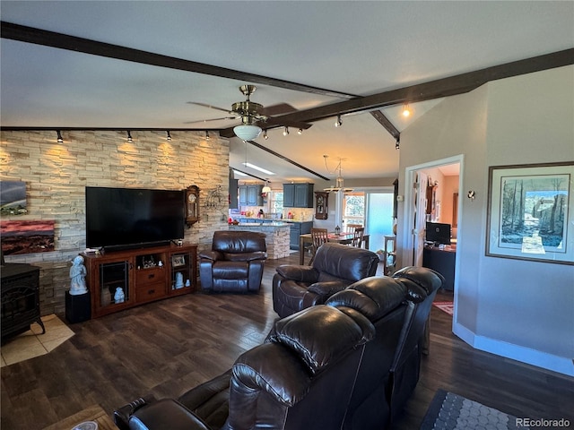 living room featuring vaulted ceiling with beams, ceiling fan, and dark hardwood / wood-style flooring