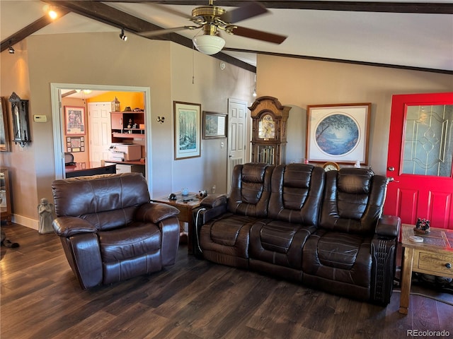 living room featuring vaulted ceiling with beams, dark hardwood / wood-style floors, and ceiling fan