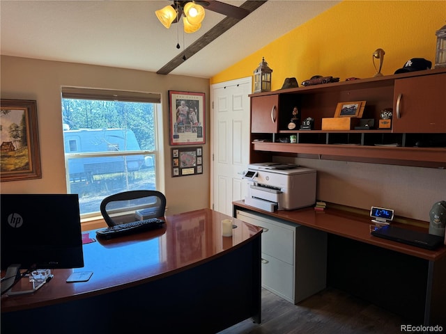 home office with dark wood-type flooring, ceiling fan, and lofted ceiling