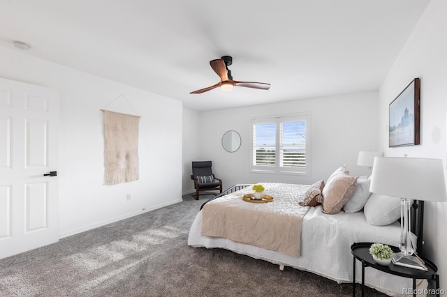 bedroom featuring carpet, baseboards, and ceiling fan