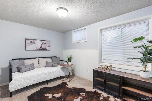 sitting room with carpet flooring and a textured ceiling