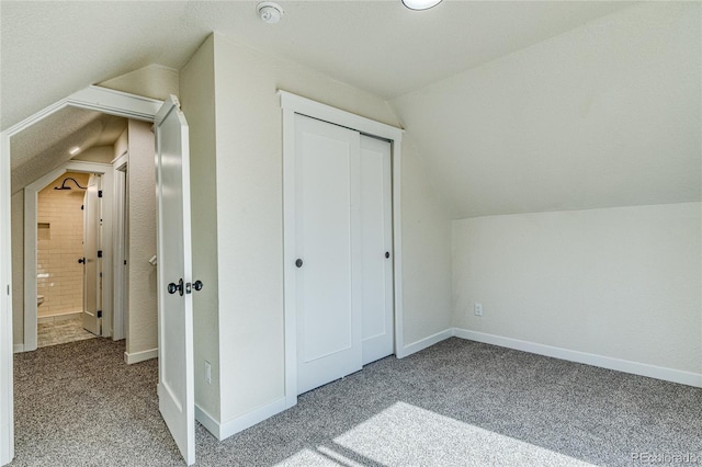 additional living space with lofted ceiling, carpet flooring, and baseboards