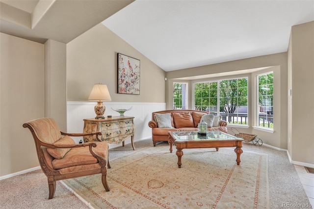 10877 W 55th Ln, Arvada, CO 80002 - carpeted living area with a wainscoted wall and vaulted ceiling