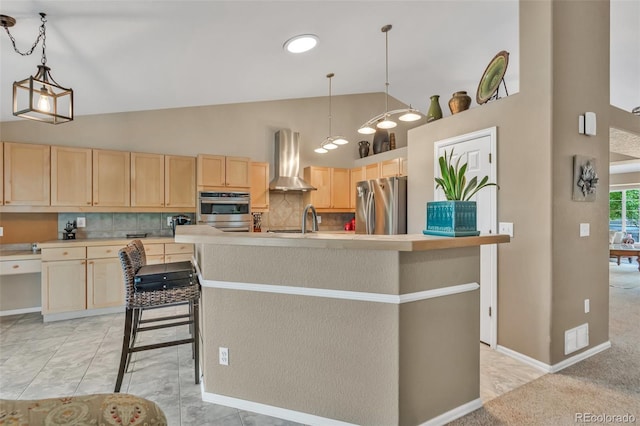10877 W 55th Ln, Arvada, CO 80002 - kitchen with freestanding refrigerator, light brown cabinets, wall chimney range hood, high vaulted ceiling, and light marble finish flooring