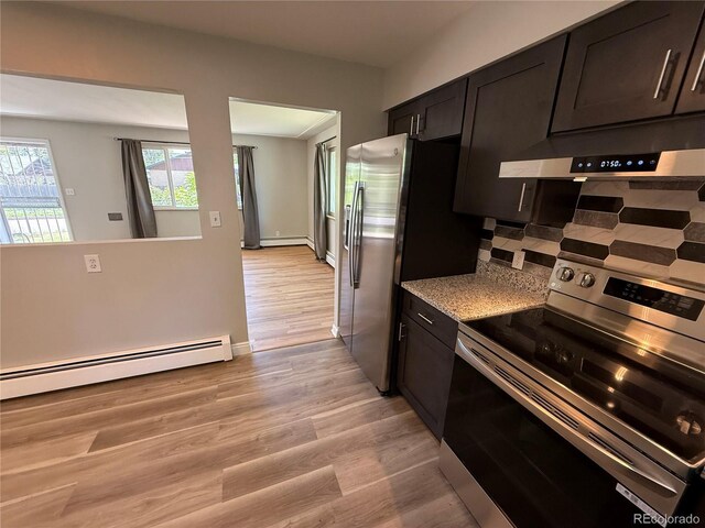 8307 E 14th Ave, Denver, CO 80220 - kitchen with appliances with stainless steel finishes, a baseboard heating unit, under cabinet range hood, and light wood finished floors
