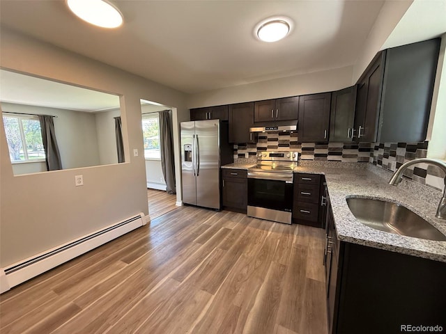 8307 E 14th Ave, Denver, CO 80220 - kitchen with appliances with stainless steel finishes, a sink, under cabinet range hood, a baseboard radiator, and plenty of natural light
