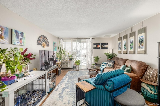 living area featuring a textured ceiling, wood finished floors, and visible vents