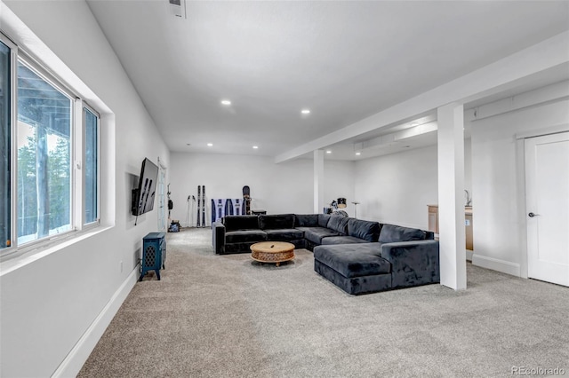 living room featuring visible vents, recessed lighting, carpet, and baseboards