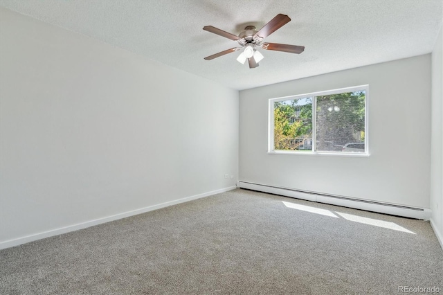 unfurnished room with carpet floors, ceiling fan, a textured ceiling, and a baseboard radiator