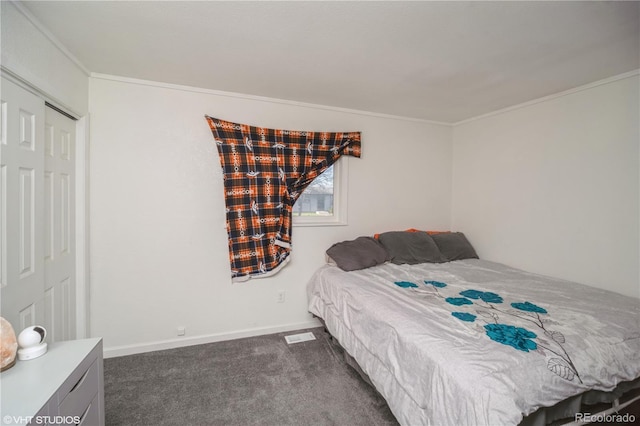 2080 E 84th Ave, Denver, CO 80229 - bedroom featuring crown molding, dark colored carpet, and baseboards