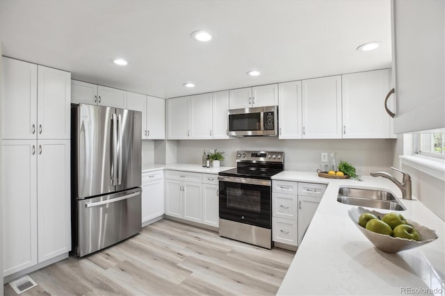 kitchen with appliances with stainless steel finishes, a sink, white cabinetry, and recessed lighting