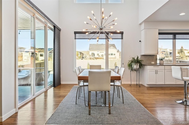 dining area with wood-type flooring, a healthy amount of sunlight, and an inviting chandelier