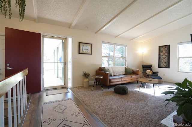 living room featuring lofted ceiling with beams, dark wood-type flooring, and a textured ceiling