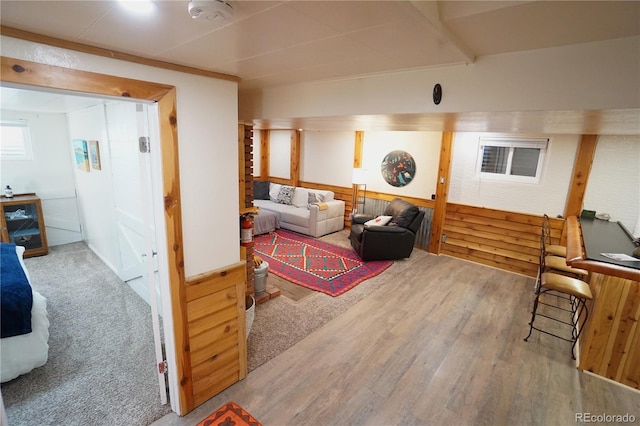 living room with wood walls and wood-type flooring