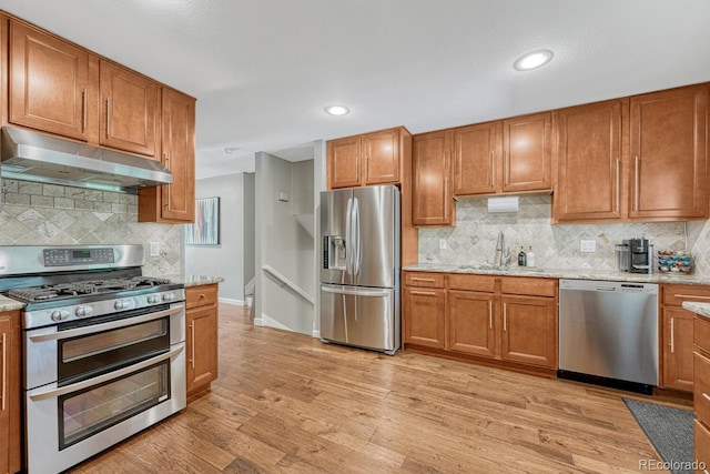 5071 S Boston St, Greenwood Village, CO 80111 - kitchen with appliances with stainless steel finishes, under cabinet range hood, a sink, tasteful backsplash, and light wood-style flooring