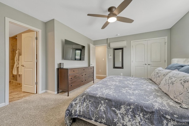 5071 S Boston St, Greenwood Village, CO 80111 - bedroom featuring an AC wall unit, light colored carpet, baseboards, a closet, and ceiling fan