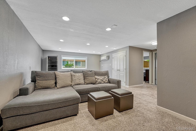 5071 S Boston St, Greenwood Village, CO 80111 - living room featuring a textured wall, a wall mounted air conditioner, light carpet, baseboards, and a textured ceiling