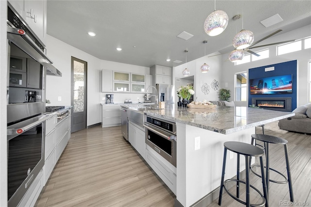 11680 Imboden Rd, Hudson, CO 80642 - kitchen with a ceiling fan, light wood-style floors, stainless steel appliances, a glass covered fireplace, and glass insert cabinets