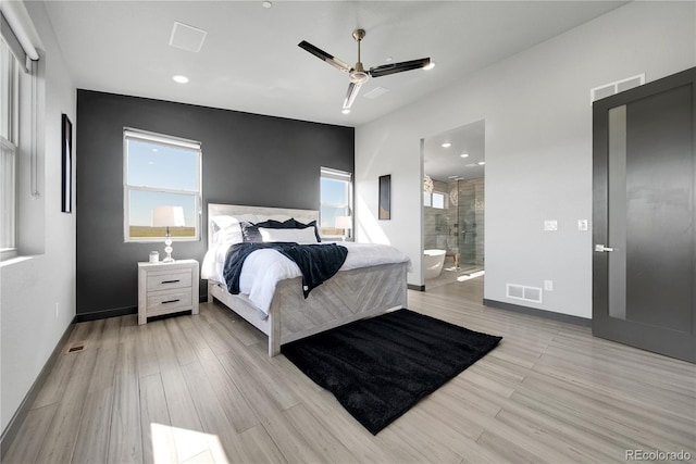 11680 Imboden Rd, Hudson, CO 80642 - bedroom with light wood-style flooring, recessed lighting, connected bathroom, and a ceiling fan