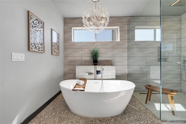 11680 Imboden Rd, Hudson, CO 80642 - full bathroom with plenty of natural light, a chandelier, a freestanding tub, and a stall shower