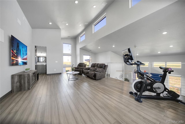 11680 Imboden Rd, Hudson, CO 80642 - workout room featuring a towering ceiling, wood finished floors, and recessed lighting