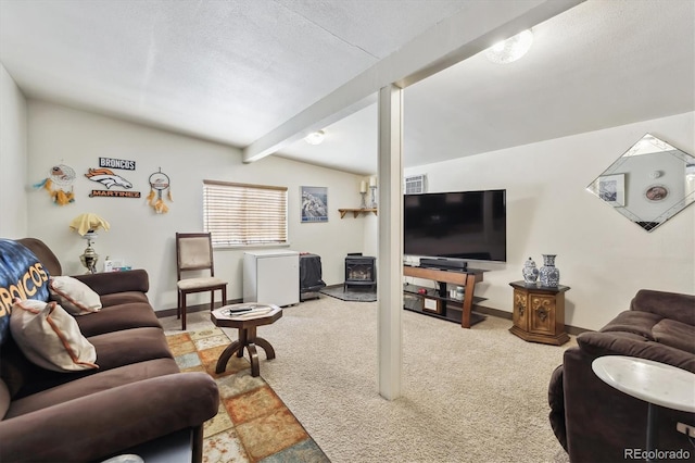 carpeted living room featuring beam ceiling, a wood stove, baseboards, and a textured ceiling