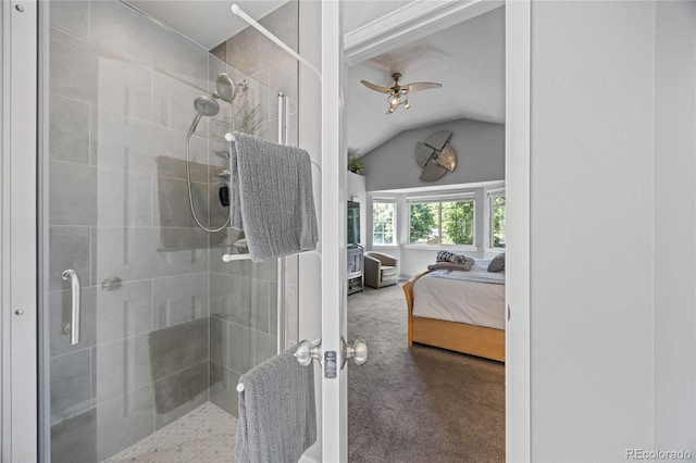 15157 E Nassau Ave, Aurora, CO 80014 - ensuite bathroom featuring a shower stall, vaulted ceiling, and ceiling fan