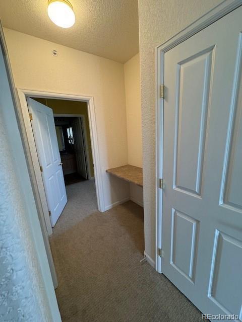 corridor with carpet, a textured ceiling, and a textured wall