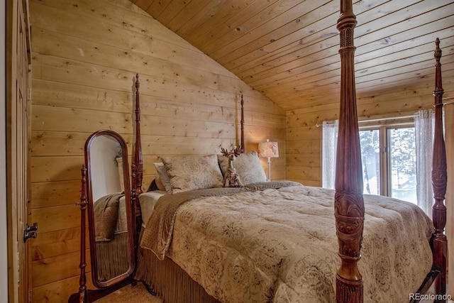 bedroom featuring wood walls, vaulted ceiling, and wood ceiling