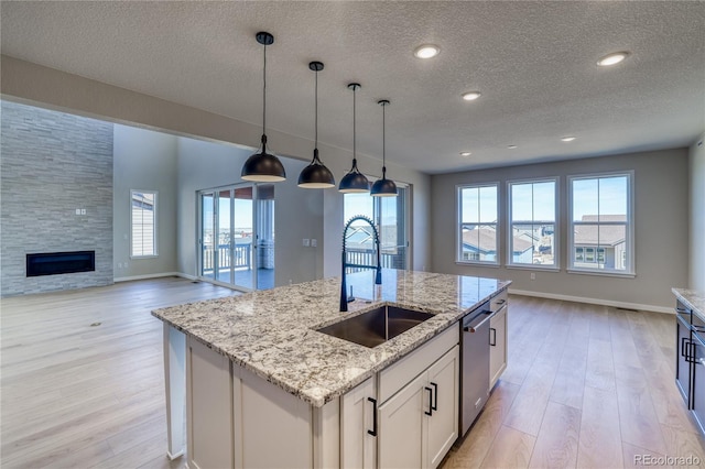 kitchen with a sink, open floor plan, dishwasher, light wood finished floors, and a glass covered fireplace