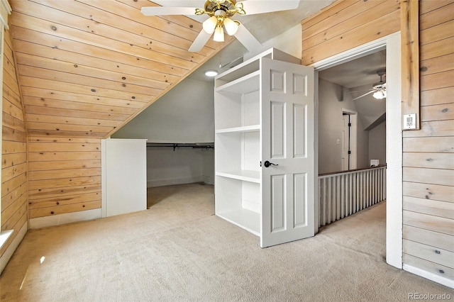 2346 N Gilpin St, Denver, CO 80205 - bonus room with carpet flooring, vaulted ceiling, a ceiling fan, wood walls, and wooden ceiling