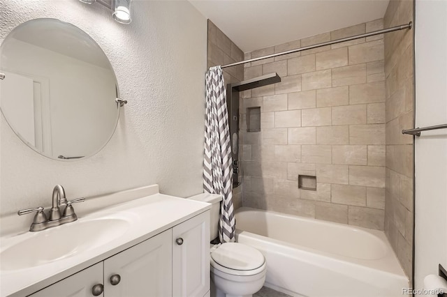 full bathroom with vanity, toilet, and shower / bathtub combination with curtain