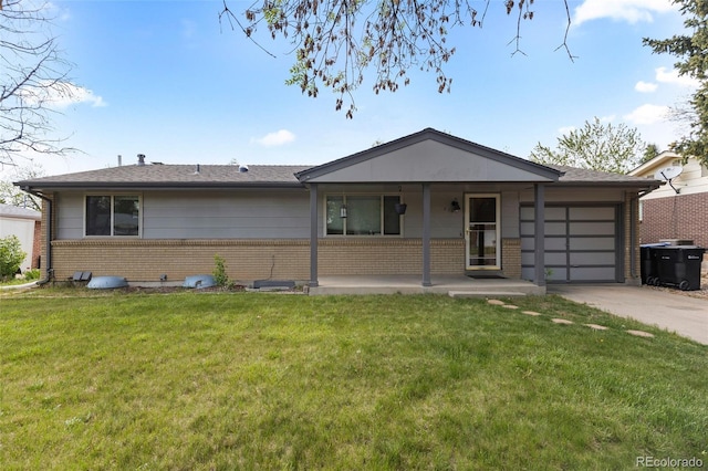 8305 Eaton Way, Arvada, CO 80003 - single story home with brick siding, concrete driveway, an attached garage, a front yard, and a shingled roof