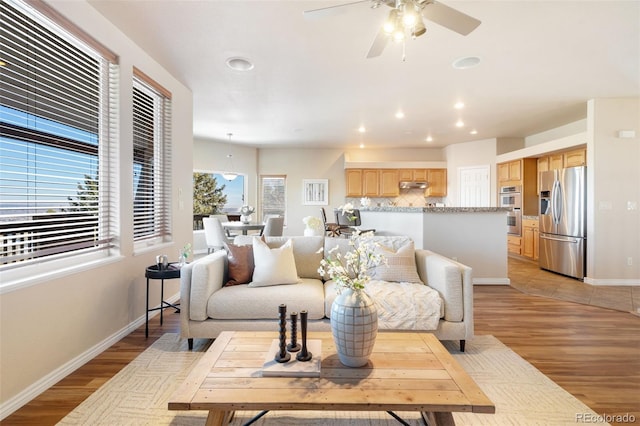 living room featuring light hardwood / wood-style floors and ceiling fan