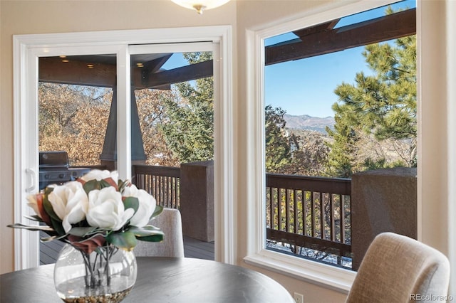 interior space with a mountain view