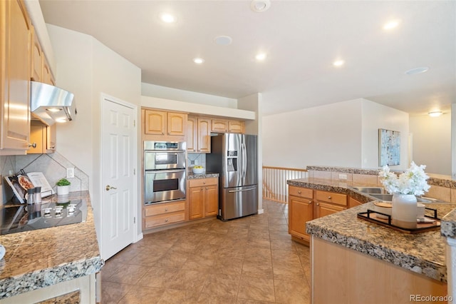 kitchen featuring light brown cabinetry, backsplash, exhaust hood, light tile patterned floors, and stainless steel appliances