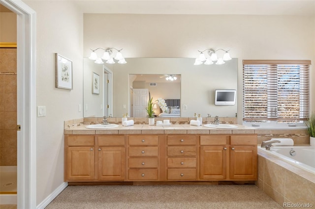 bathroom featuring plus walk in shower and vanity