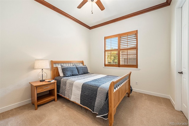 bedroom with crown molding, ceiling fan, and light colored carpet