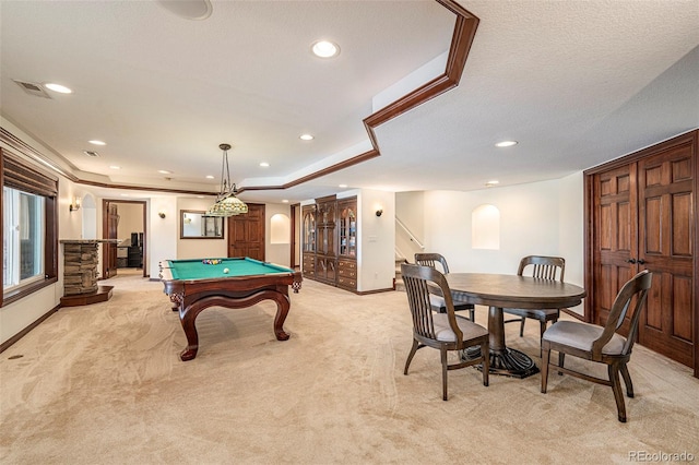 playroom featuring a raised ceiling, light colored carpet, a textured ceiling, and pool table