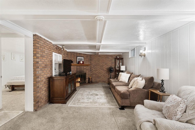 3888 Estes St, Wheat Ridge, CO 80033 - carpeted living area featuring brick wall and a fireplace