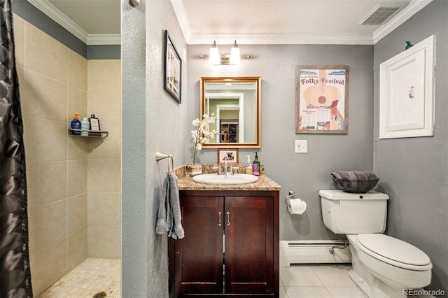 4011 S Ivy Ln, Cherry Hills Village, CO 80111 - full bathroom with a baseboard radiator, crown molding, tile patterned flooring, a tile shower, and vanity