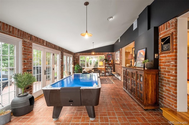 4011 S Ivy Ln, Cherry Hills Village, CO 80111 - playroom featuring brick patterned floors and vaulted ceiling