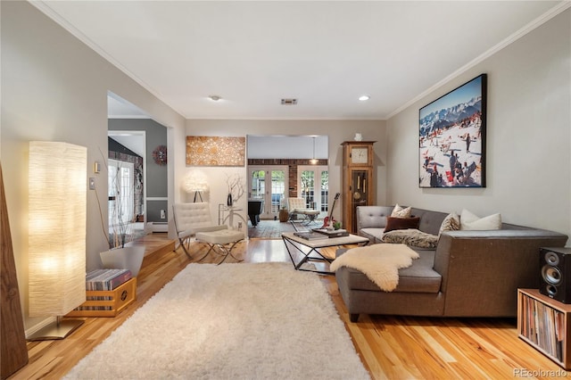 4011 S Ivy Ln, Cherry Hills Village, CO 80111 - living area featuring ornamental molding, light wood finished floors, french doors, and baseboard heating