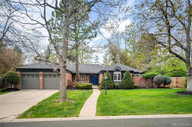 4011 S Ivy Ln, Cherry Hills Village, CO 80111 - ranch-style home with an attached garage, driveway, brick siding, and a shingled roof