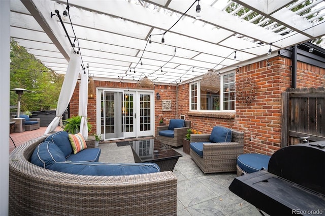 4011 S Ivy Ln, Cherry Hills Village, CO 80111 - view of patio / terrace featuring an outdoor hangout area, a pergola, french doors, and area for grilling