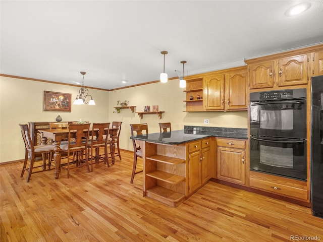 8791 Grizzly Way, Evergreen, CO 80439 - kitchen with open shelves, ornamental molding, light wood-type flooring, pendant lighting, and a peninsula